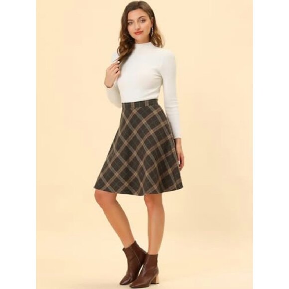 Vintage Plaid A-Line Skirt Elastic Waist Knee Length Casual Wear - Picture 3 of 8